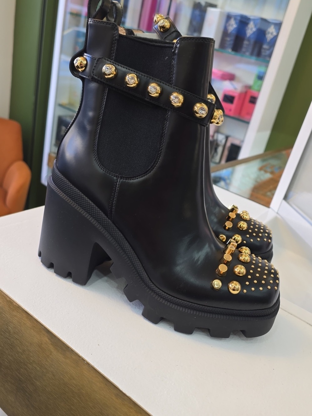 Gucci Black Leather Studded Platform Chelsea Boots with Gold Hardware